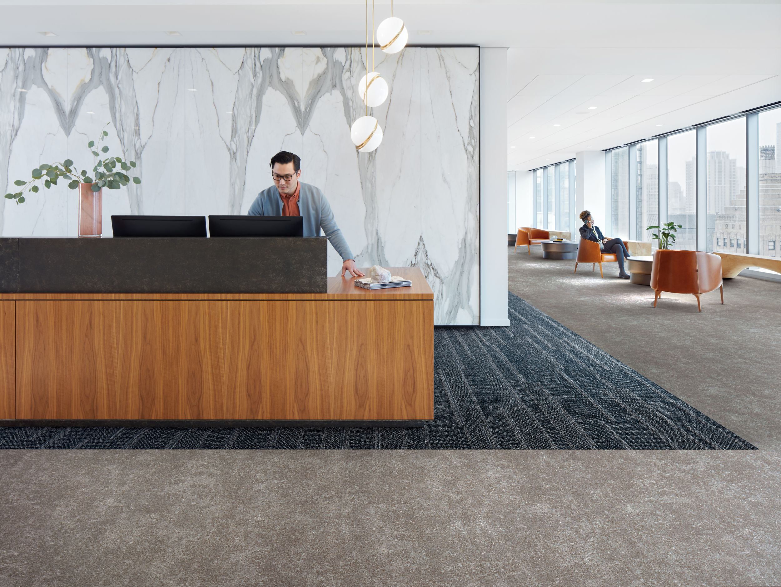 Interface Simple Sash plank carpet tile and Walk of Life LVT in a corporate lobby area with front desk  image number 2